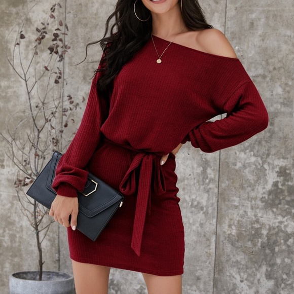 Off the shoulder rib knit belted long sleeVE dress - Picture 2 of 12